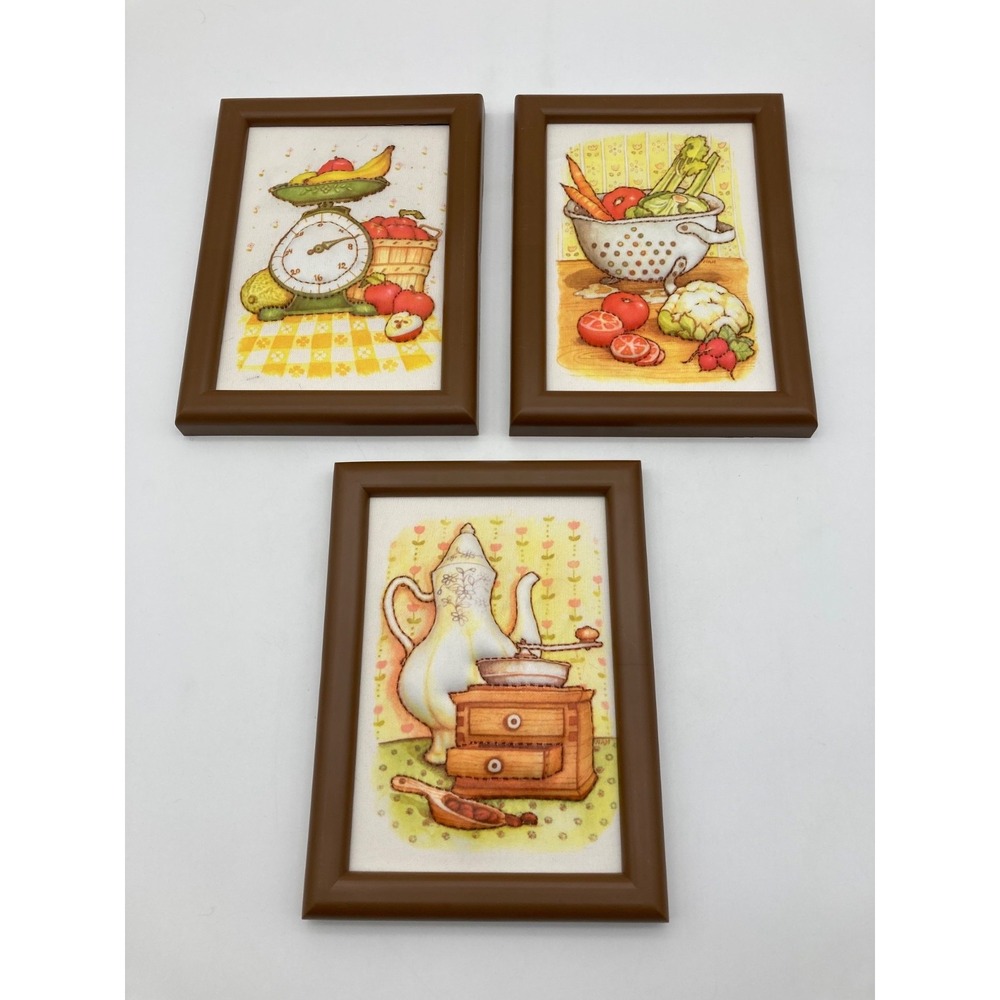 Vintage Creative Circle 1763 Gourmet Gallery Framed Fabric Art Set 3 Kitchen